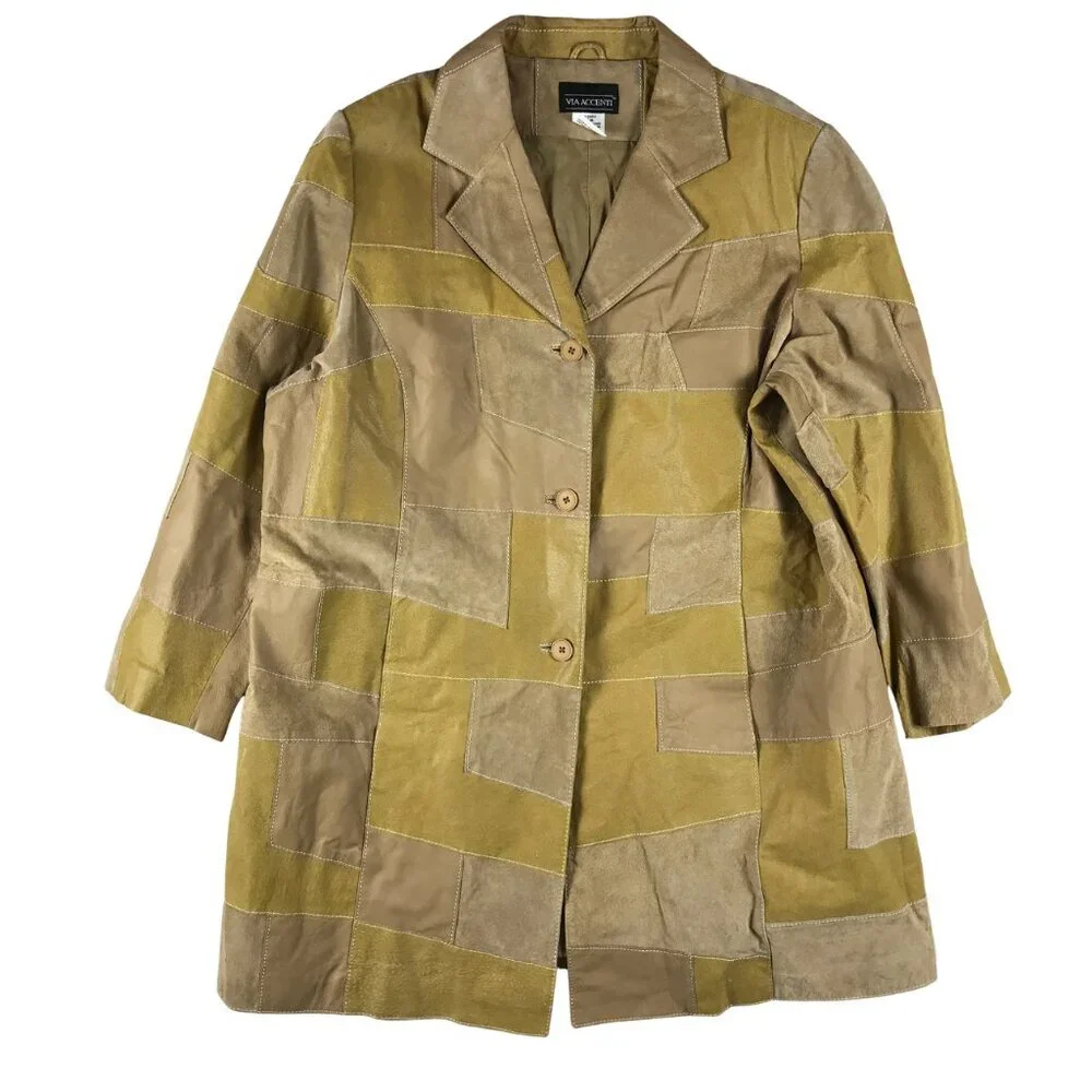 Plus Size 3X/4X Vintage Leather Patchwork Jacket VIA ACCENTI - Picture 4 of 15